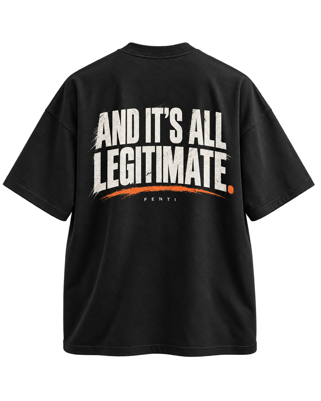 Back of the black FENTI Drop 001 oversized tee with the AND IT'S ALL LEGITIMATE. graphic over an orange brush stroke