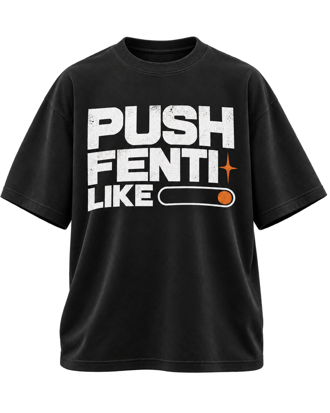 Front of the black FENTI Drop 001 oversized tee with the white PUSH FENTI LIKE graphic and an orange slider mark